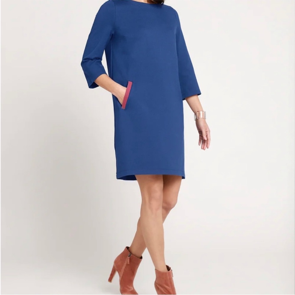 Betabrand Half-Day Shift Dress Starry Night Colorblock modest travel jet ponte L
